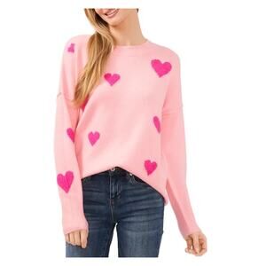 CeCe Women's Valentine's Crewneck Heart-Print Long-Sleeve Sweater Prism Pink